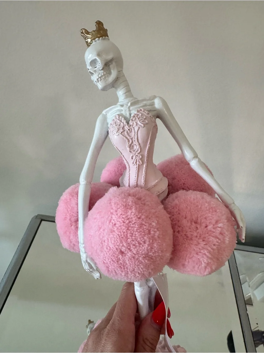 Halloween Decor Pink Ballerina Pom-Pom Skeleton Figurine with Gold Crown NWT